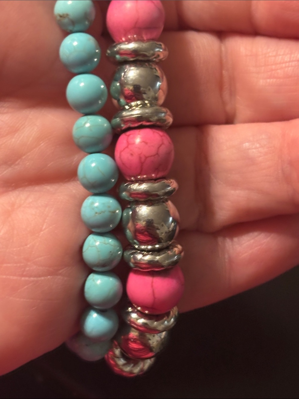 Pink and Blue Stone Beaded Stackable Bracelets with Silver Accents - Picture 12 of 13